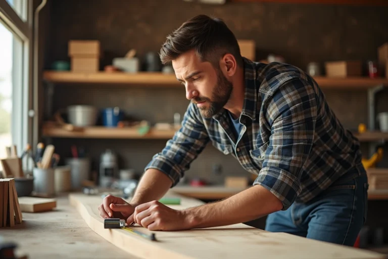 Homme mesurant une planche en bois dans un atelier lumineux