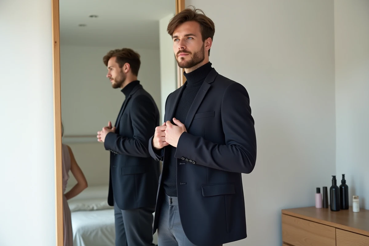 Jeune homme ajustant blazer dans chambre minimaliste