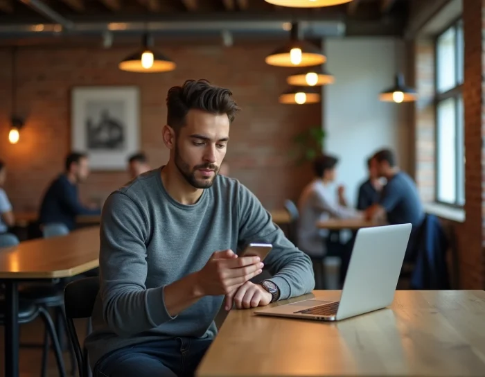 Jeune homme consultant des offres d'emploi sur smartphone dans un espace de coworking moderne
