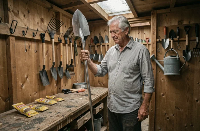 Homme âgé rangeant des outils de jardinage dans un abri de jardin en bois bien organisé