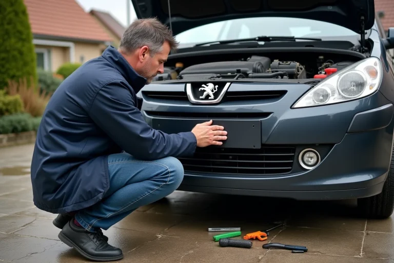 Homme en veste de travail retire le feu fog Peugeot 308