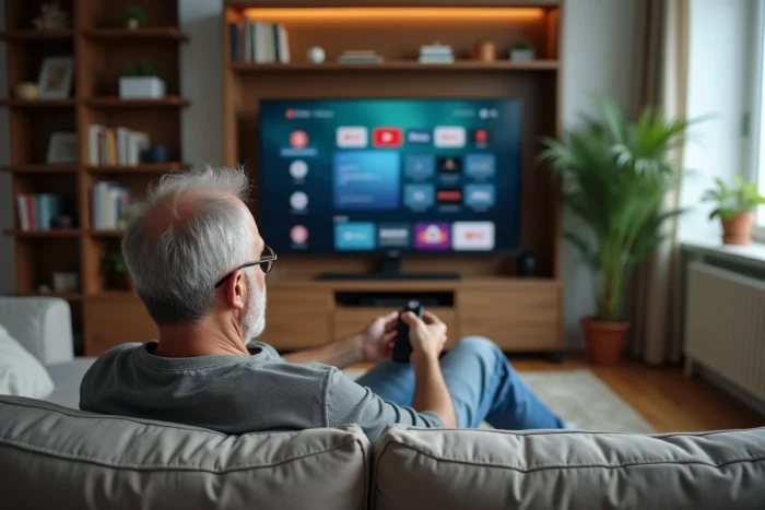 Homme détendu regardant la télévision dans un salon moderne