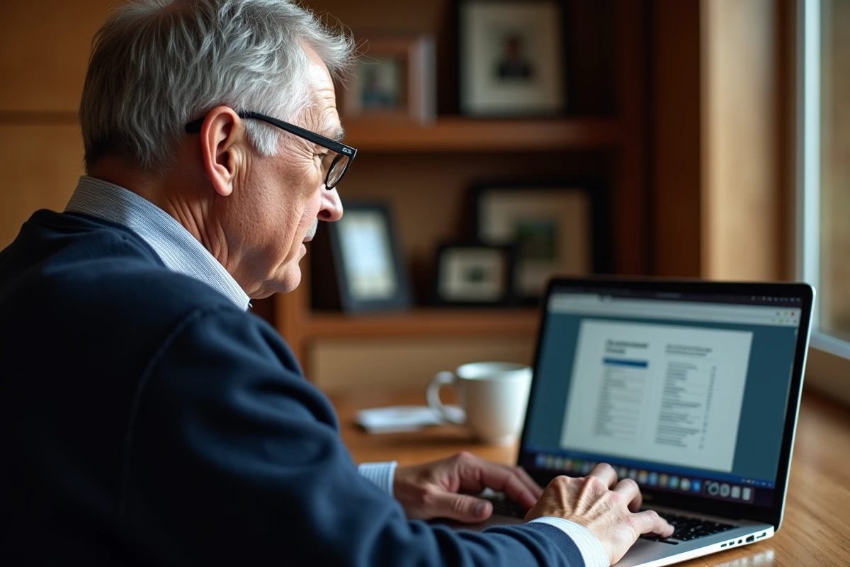Homme retraité consultant un site officiel sur son ordinateur portable