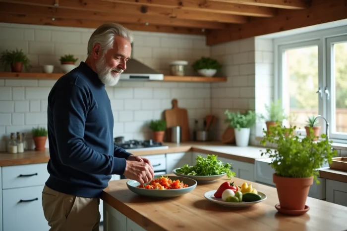 Homme senior actif préparant un repas sain dans une cuisine moderne, symbolisant l'autonomie et la vitalité à la retraite
