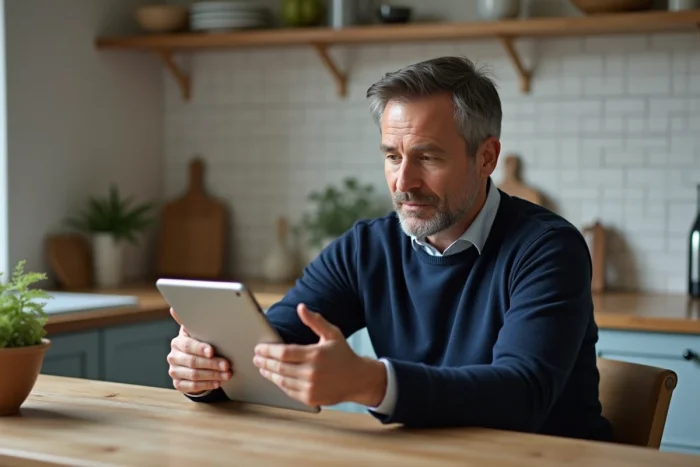 Homme utilisant une tablette pour accéder à son portail de gestion financière personnelle à la maison