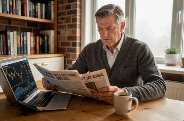 Investisseur particulier consultant les performances de l'indexeuro PX1 sur ordinateur et journal financier à domicile