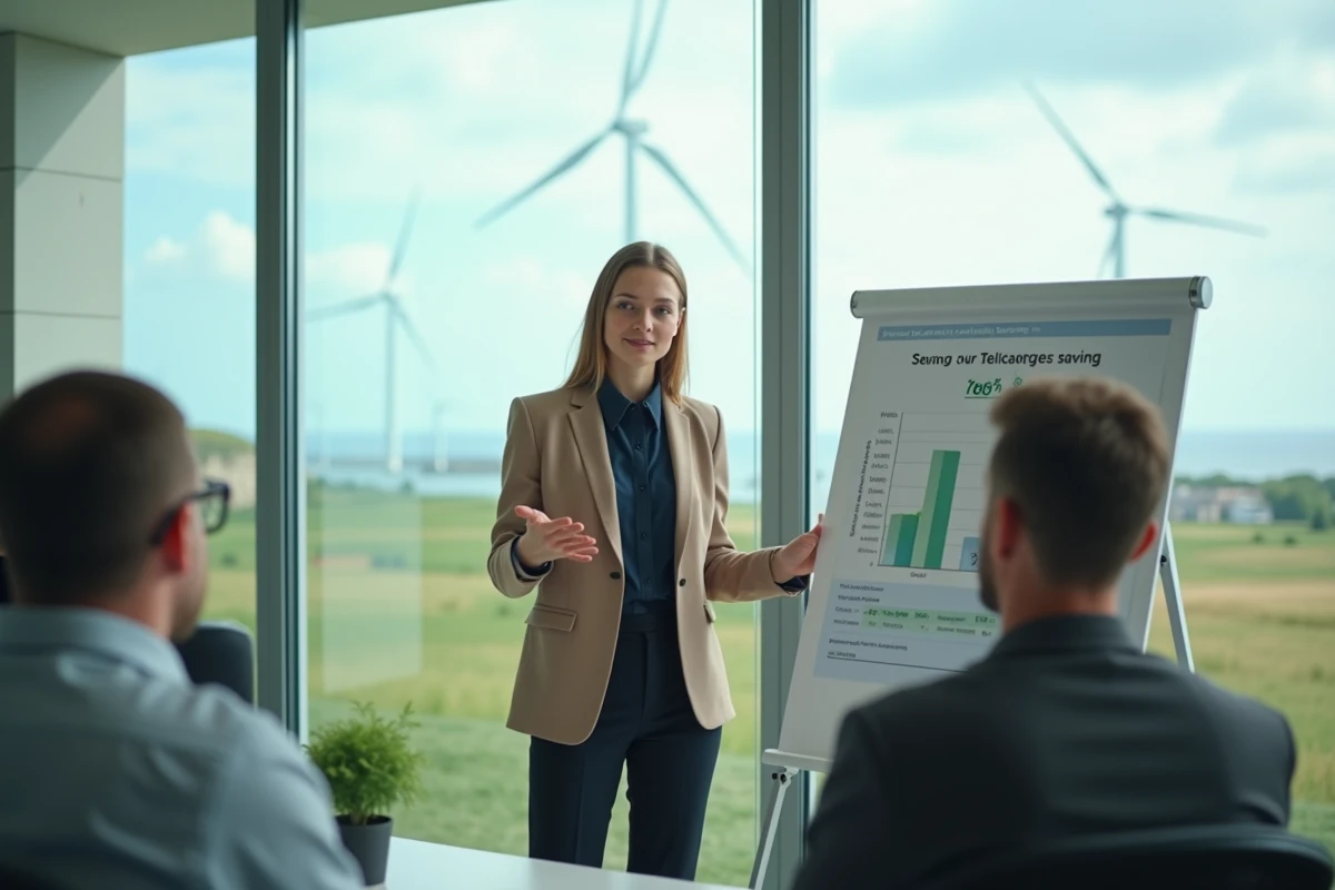 Jeune femme bretonne en business casual présentant un graphique énergie
