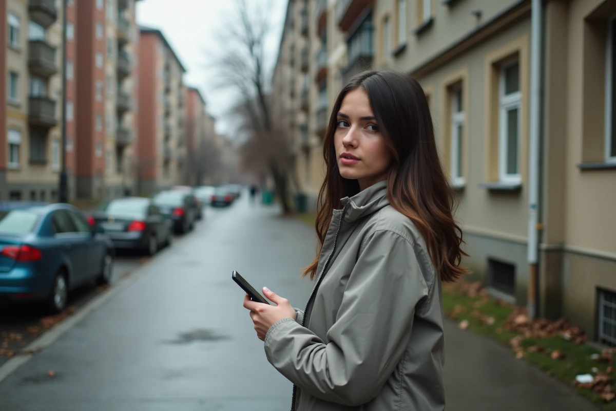 Jeune femme marche dans une rue de Bucharest avec un smartphone