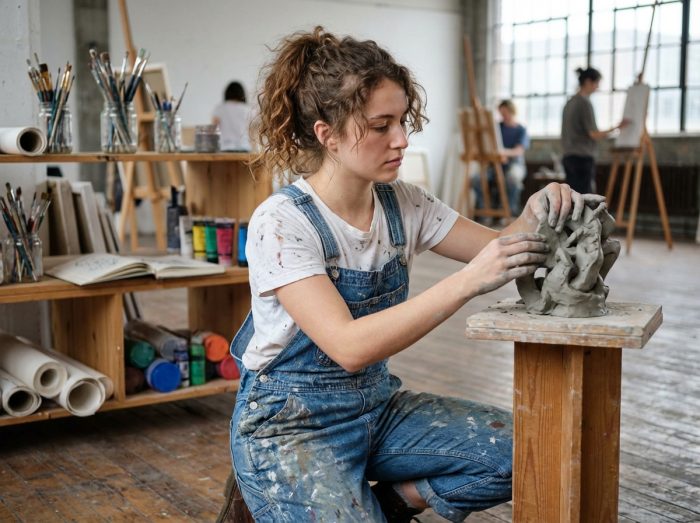 Jeune femme en atelier d'art sculptant une sculpture abstraite