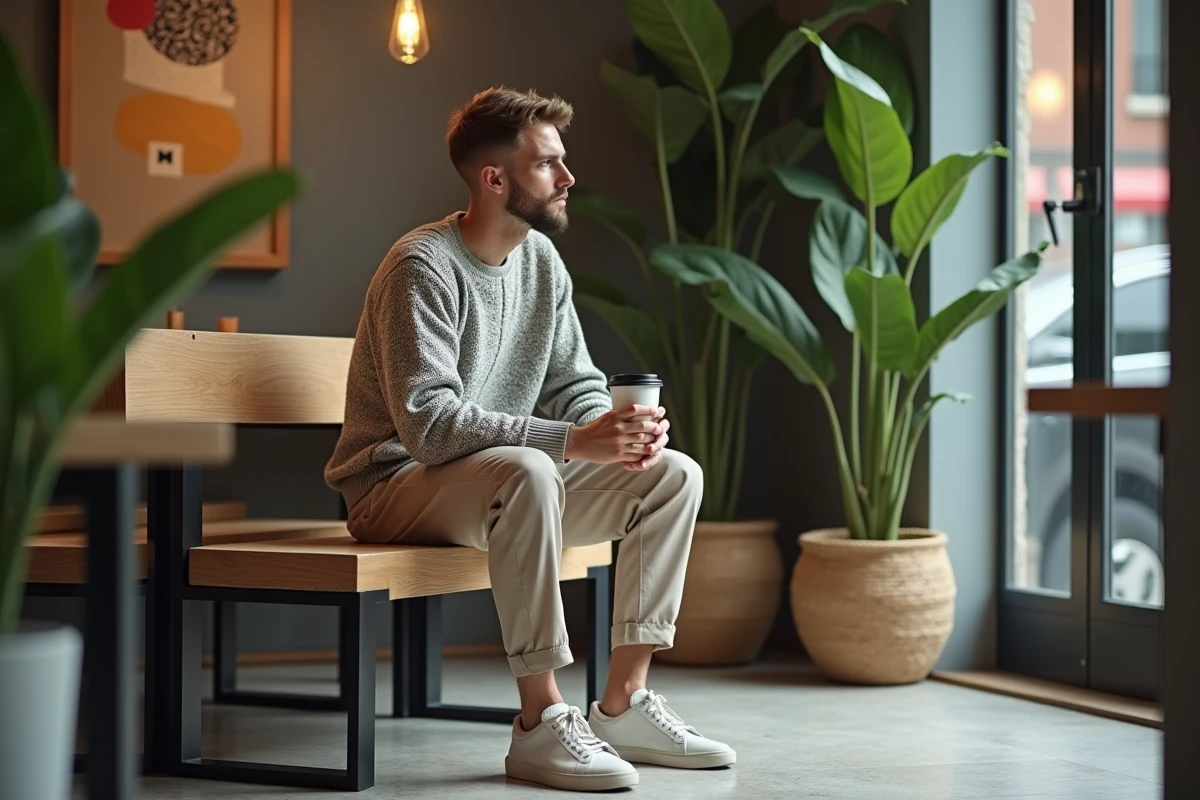 Jeune homme assis dans un café moderne avec tasse à emporter