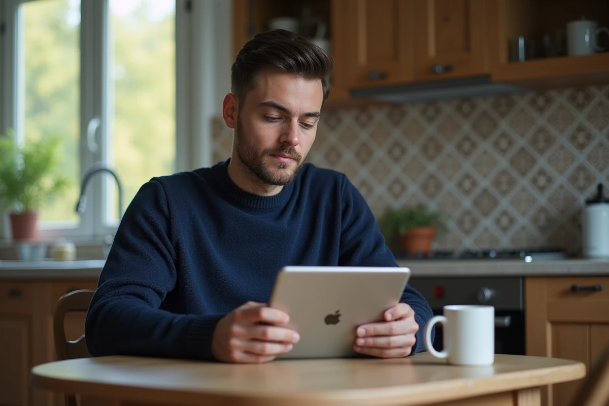 Jeune homme dans une cuisine avec une tablette
