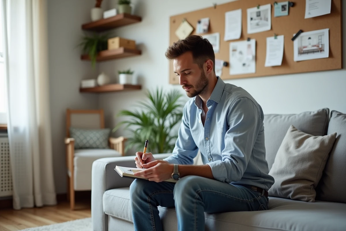 Jeune homme esquissant un plan d interieur dans un bureau lumineux