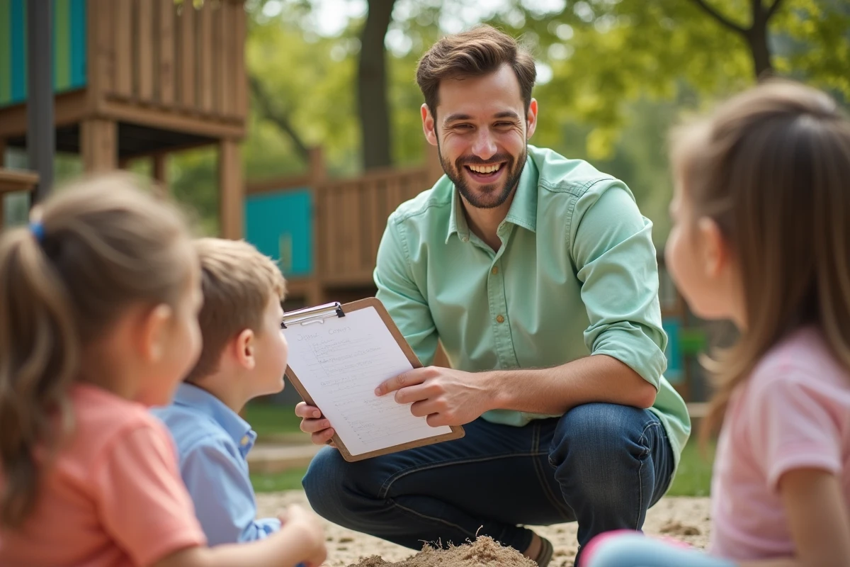 Jeune homme jouant avec des enfants dans une cour de crèche