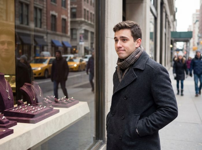 Jeune homme regardant une vitrine de bijoux en ville