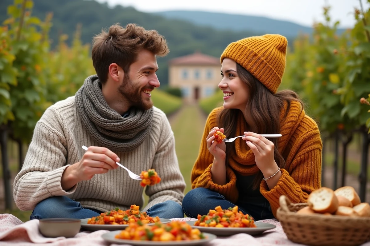 Jeune couple partageant un pique-nique en vignoble