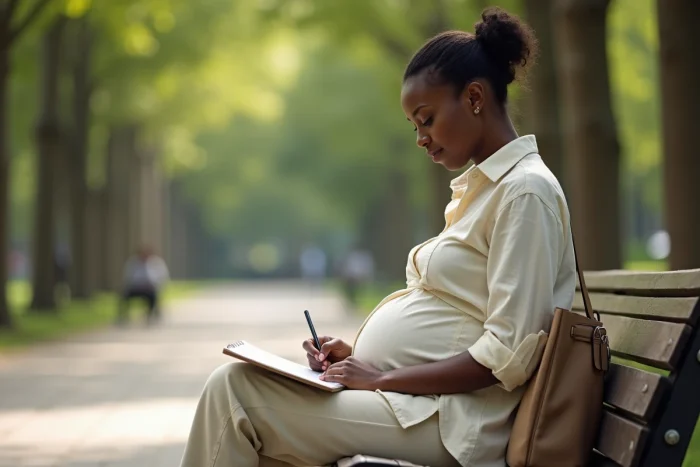 Journaliste enceinte prenant des notes dans un parc urbain, symbolisant la réflexion sur l'équilibre entre maternité et carrière journalistique