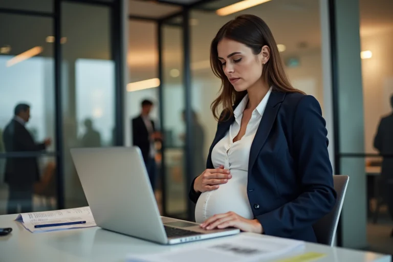 Journaliste enceinte travaillant dans une salle de rédaction moderne, assise à son bureau avec un ordinateur portable, illustrant la maternité et la carrière professionnelle