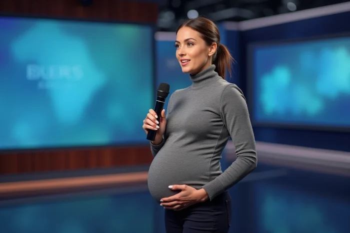 Journaliste enceinte tenant un microphone dans un studio de télévision, illustrant la poursuite d'une carrière médiatique pendant la grossesse