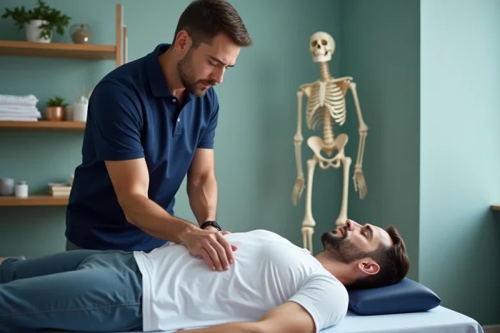 Kinésithérapeute effectuant une palpation des côtes flottantes sur un patient allongé lors d'un bilan ostéopathique