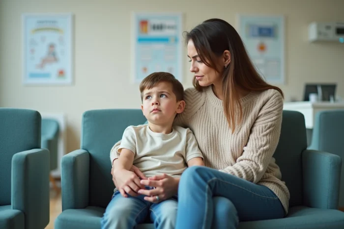 Mère inquiète avec son enfant dans une salle d'attente médicale
