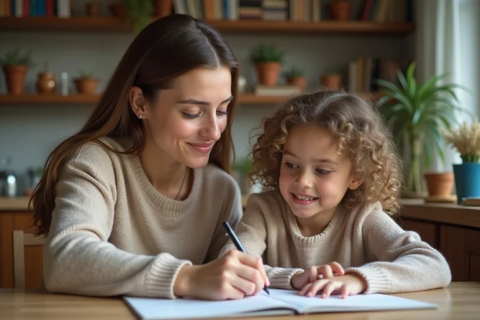 Maman aidant sa fille pour les devoirs à la maison