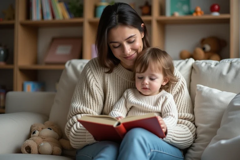 Maman lit un livre à son enfant dans un salon chaleureux