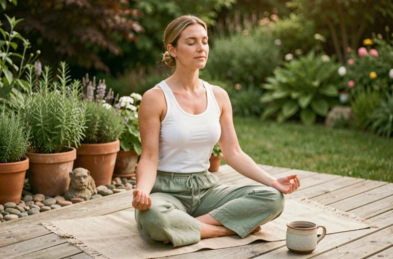 Femme pratiquant la méditation matinale en plein air sur une terrasse en bois entourée de verdure, pour illustrer le bien-être naturel au quotidien