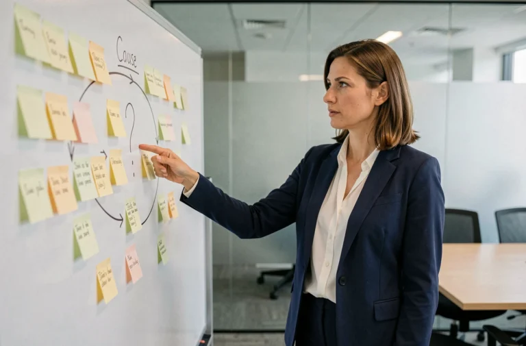 Une professionnelle analyse un diagramme de causes et effets au tableau blanc pour appliquer la méthode des 5 pourquoi en résolution de problèmes