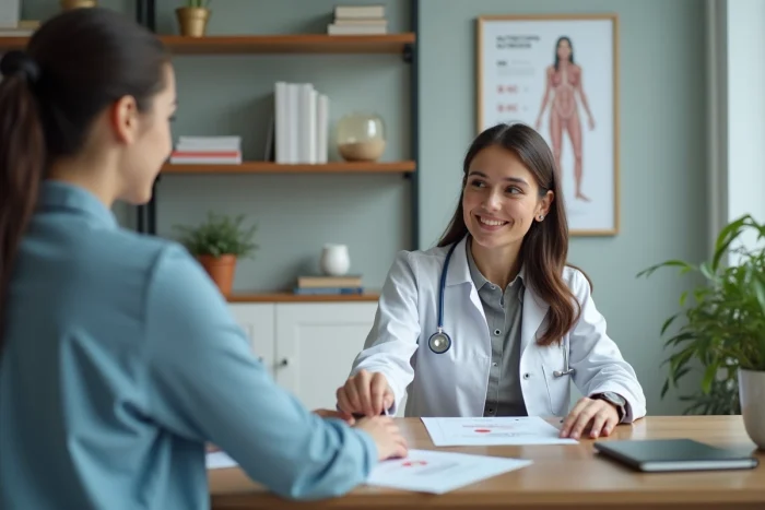 Nutritionniste expliquant un tableau de poids idéal selon la taille et l'âge à une patiente lors d'une consultation médicale