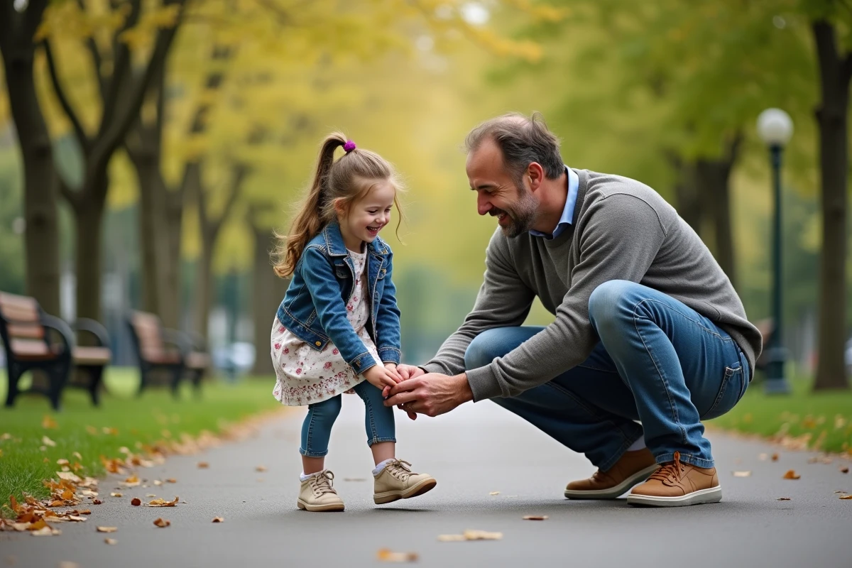 Père aidant sa fille à nouer ses chaussures dans un parc