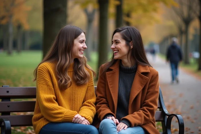 Deux amies dans un parc en automne, l'une appelant l'autre par son prénom, exprimant l'impact émotionnel et affectif du prénom dans l'amitié