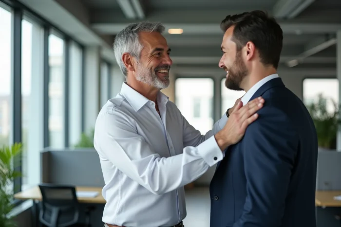 Manager s'adressant à son collègue par son prénom dans un bureau moderne, illustrant l'importance du prénom dans les relations professionnelles