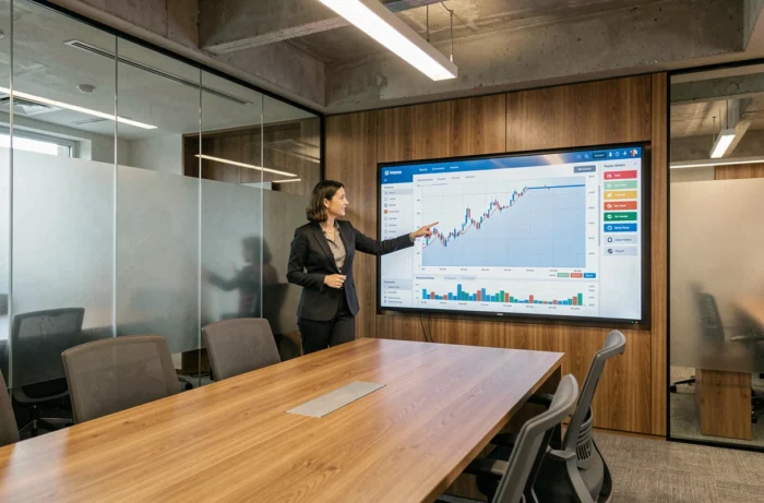 Femme analyste présentant l'évolution graphique de l'indexeuro PX1 sur un écran interactif en salle de réunion