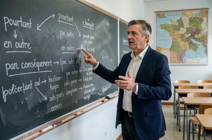 Professeur de français expliquant les connecteurs logiques devant un tableau noir dans une salle de classe