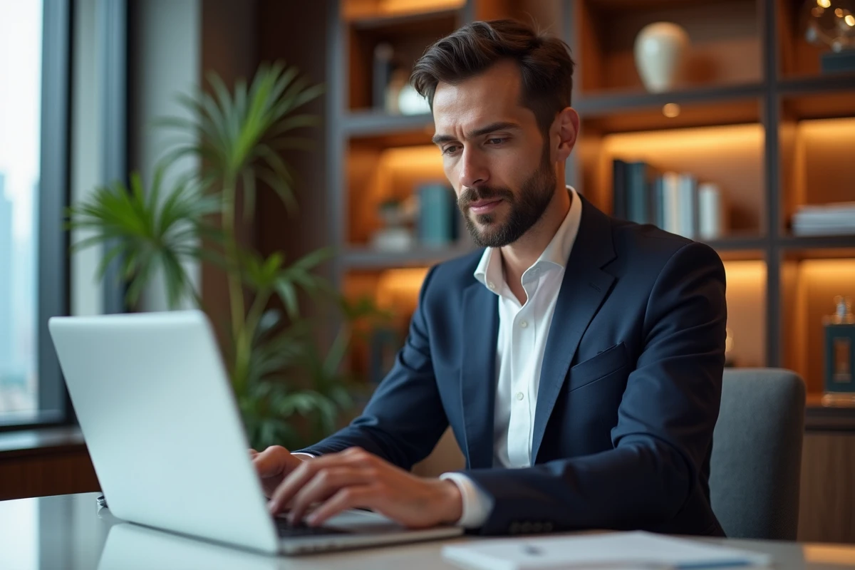 Homme professionnel en costume mettant à jour son profil en ligne