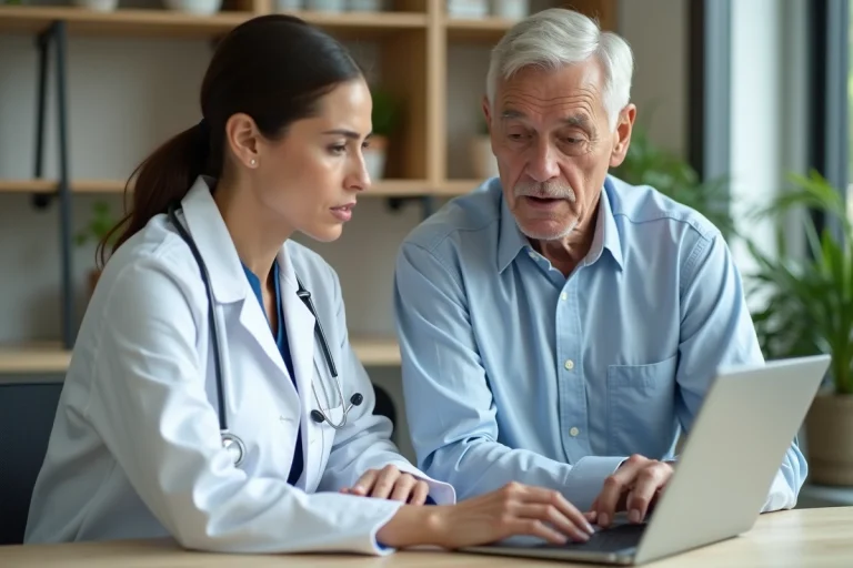 Professionnelle de santé aidant un patient âgé avec un plan numérique
