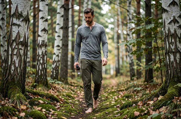Homme marchant pieds nus dans une forêt verdoyante pour une promenade ressourçante, symbolisant les habitudes naturelles pour améliorer le bien-être quotidien