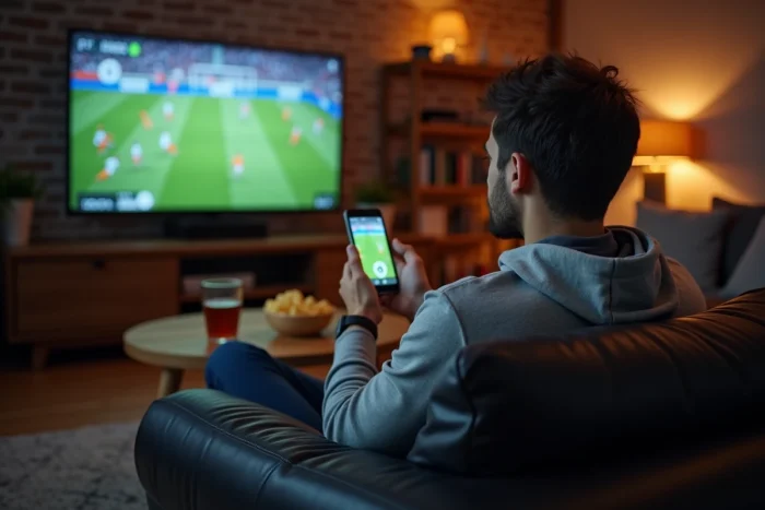 Homme regardant un match de football en streaming sur sa télévision depuis son canapé avec une application sur smartphone