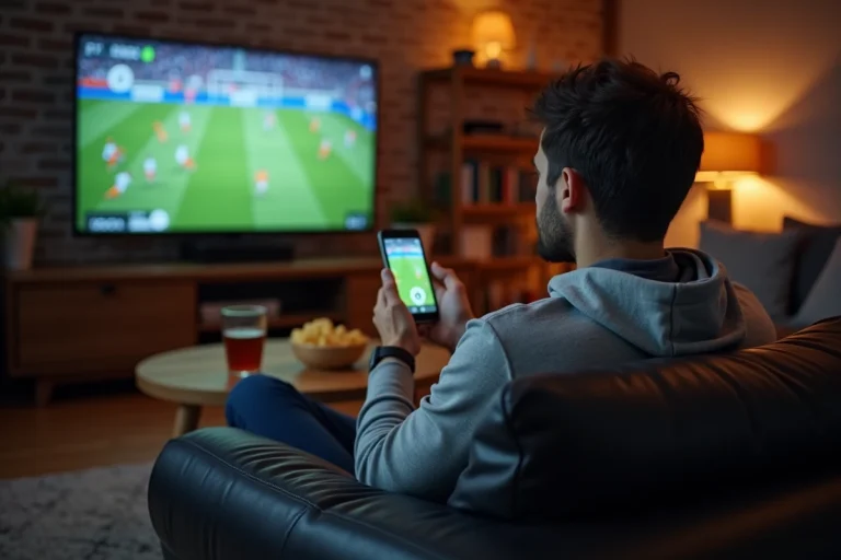 Homme regardant un match de football en streaming sur sa télévision depuis son canapé avec une application sur smartphone