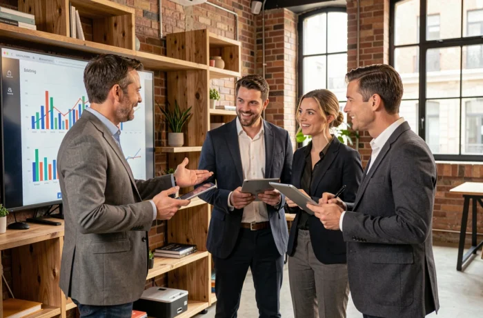 Équipe de professionnels français en réunion de stratégie dans un espace de coworking moderne avec écran de données et tableaux de tendances
