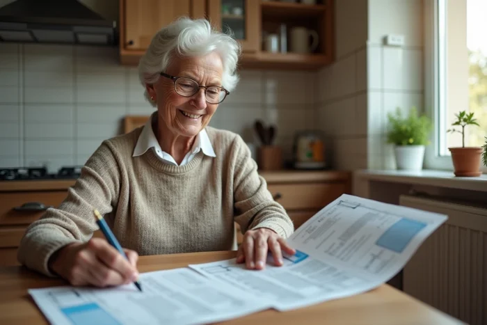 Femme senior examinant documents fiscaux à la maison