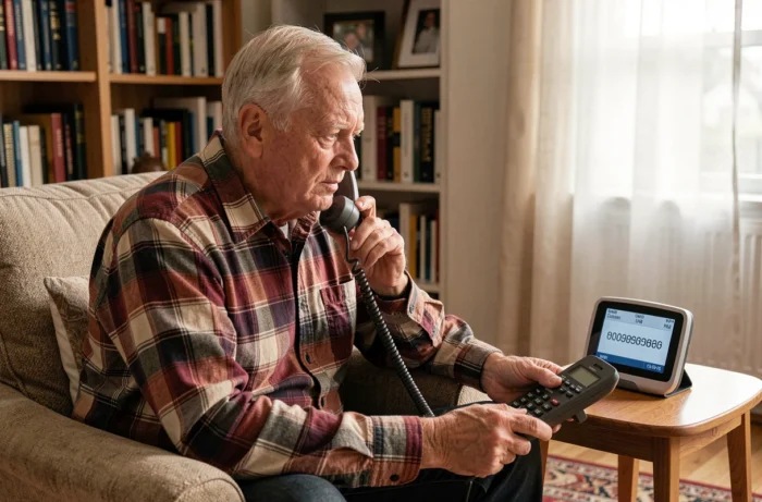 Homme âgé vérifiant l'identifiant de l'appelant sur un combiné téléphonique fixe à domicile