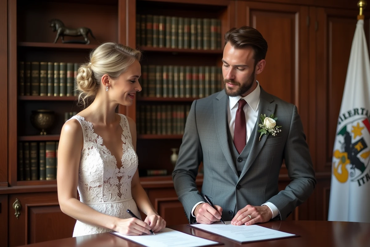 Jeune couple signant leur mariage dans un bureau officiel à Gibraltar