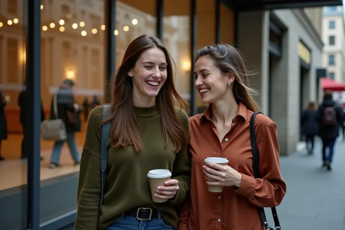 Deux amies souriantes sortant d'un théâtre parisien après avoir assisté à un spectacle culturel
