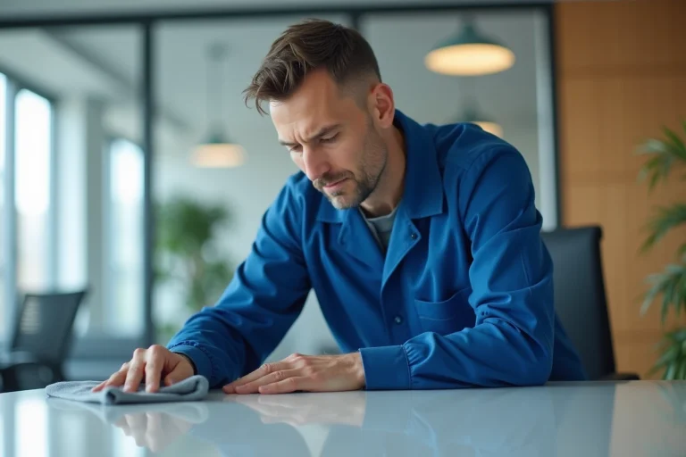 Technicien en tenue bleue nettoyant un bureau moderne