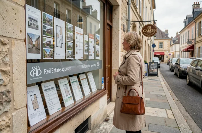 Femme observant les annonces en vitrine d'une agence immobilière locale dans une rue de province française